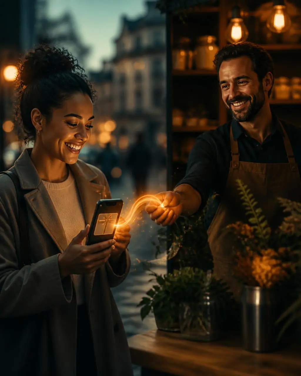 Kunde som mottar en digital bonus fra en lokal butikkeier