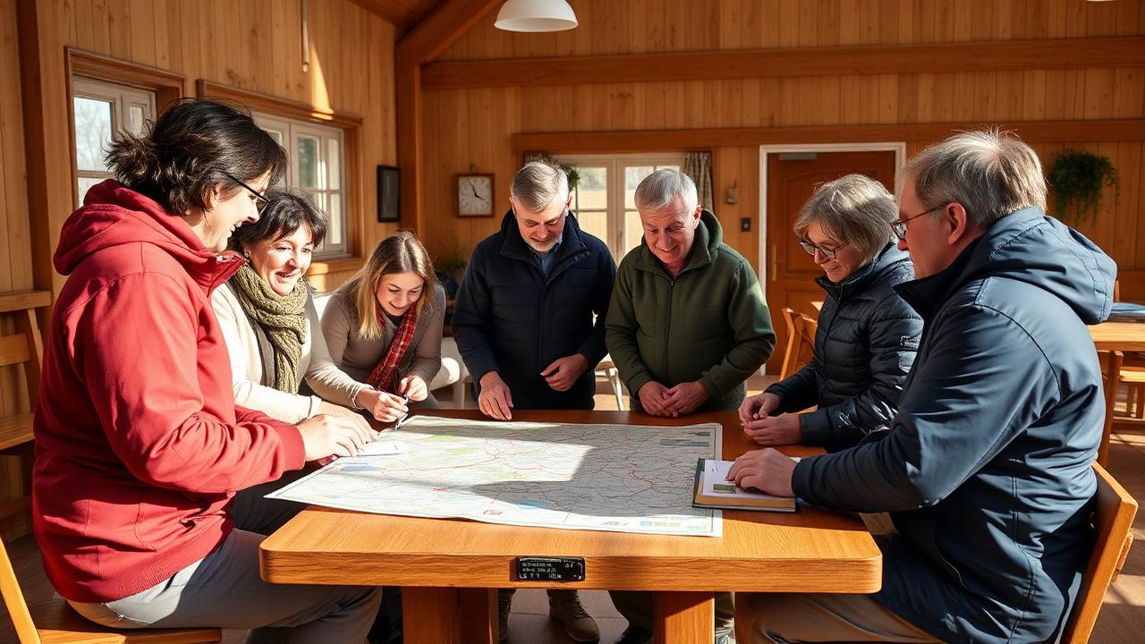 Frivillige planlegger aktiviteter rundt et bord med kart