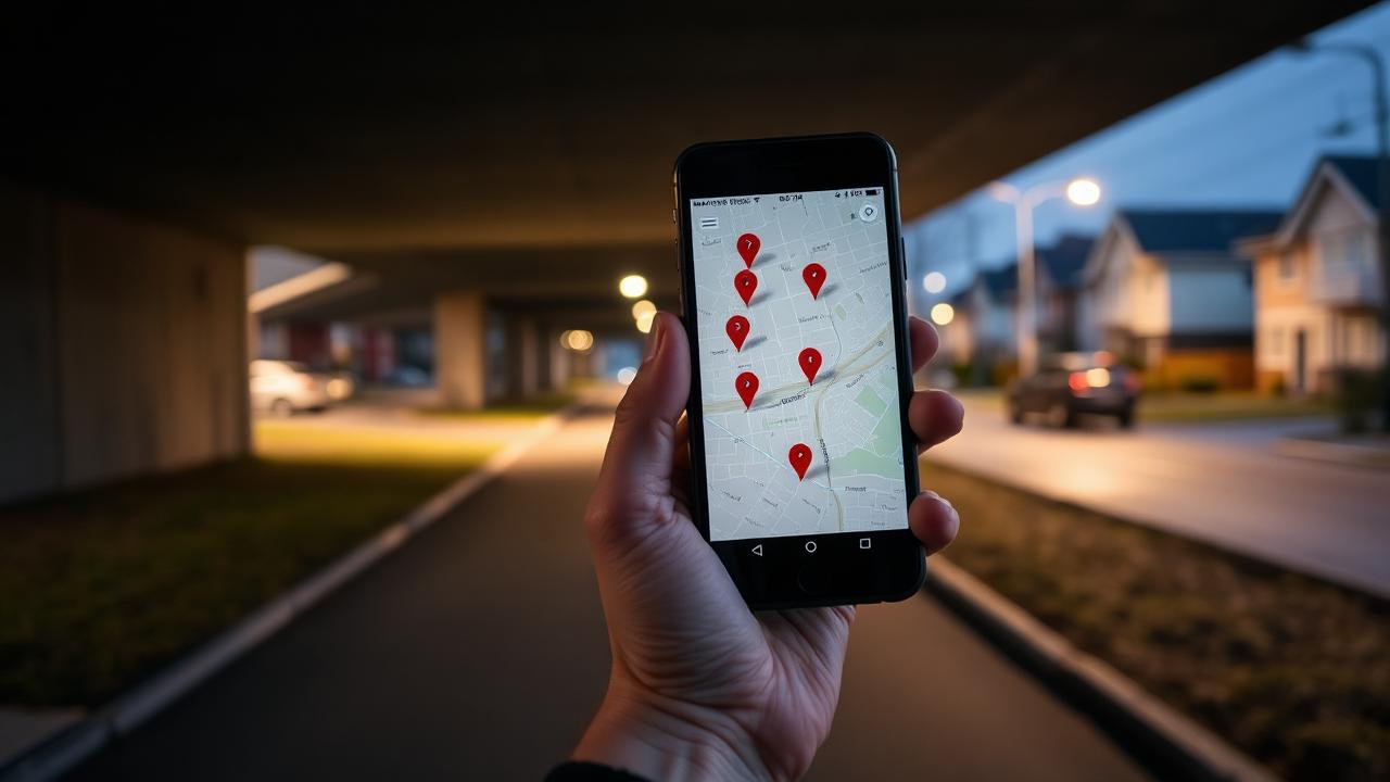 Mobiltelefon som viser kart med markerte hendelsespunkter i et nabolag